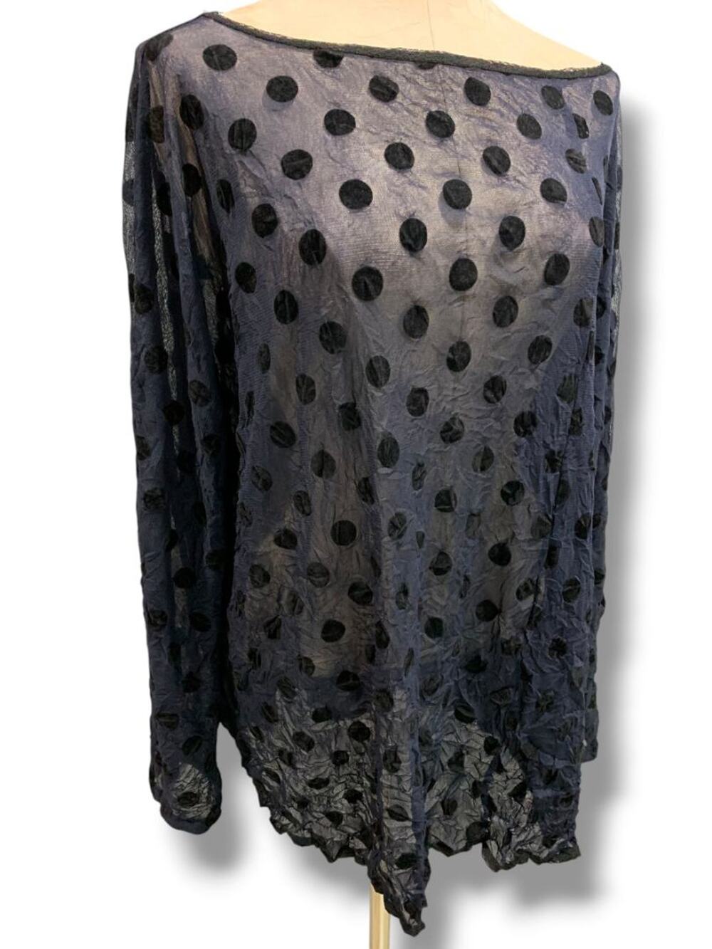 Large Babette Womens Sheer Pullover Shirt Navy Blue Black Polka Dots